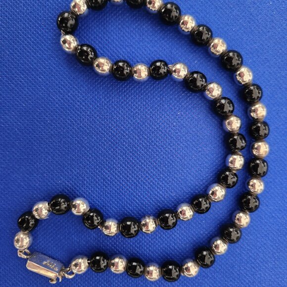 VINTAGE TAXCO? 925 STERLING SILVER PEARLS AND ONYX NECKLACE TESTED - Picture 2 of 6